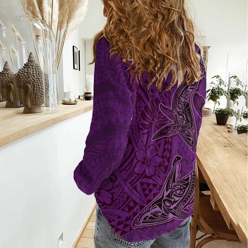 Hawaiian Whales Polynesian Art Motifs Women Casual Shirt Purple Color - Polynesian Pride