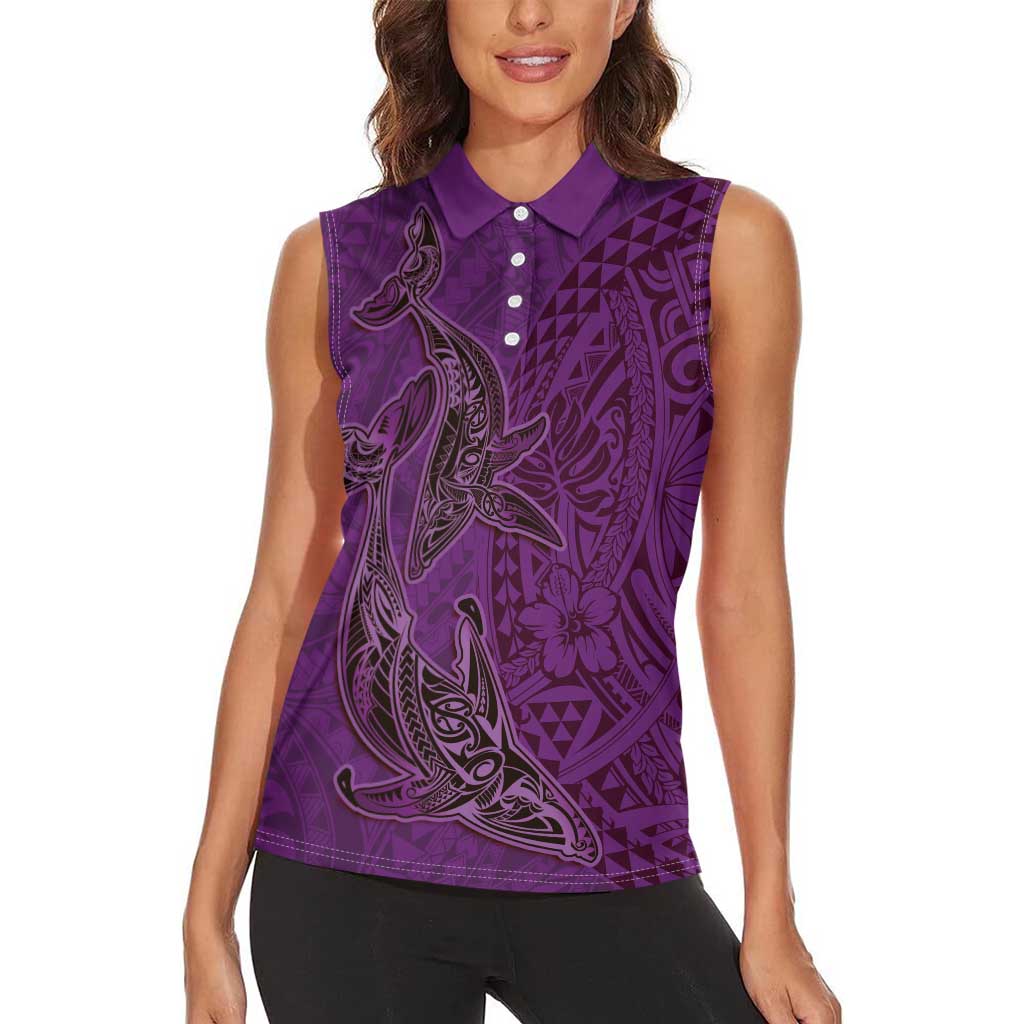 Hawaiian Whales Polynesian Art Motifs Women Sleeveless Polo Shirt Purple Color LT03 - Polynesian Pride