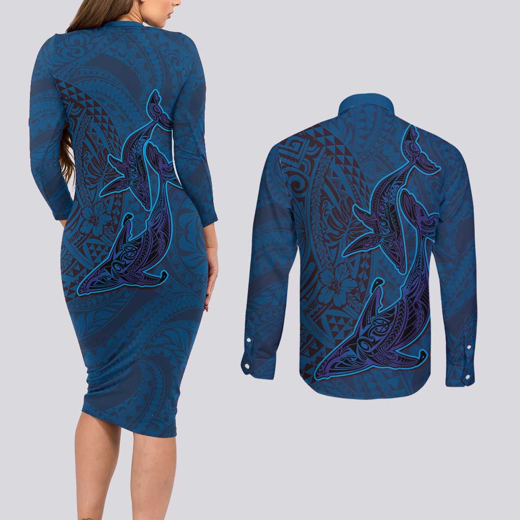 Hawaiian Whales Polynesian Art Motifs Couples Matching Long Sleeve Bodycon Dress and Long Sleeve Button Shirt Blue Color LT03 - Polynesian Pride