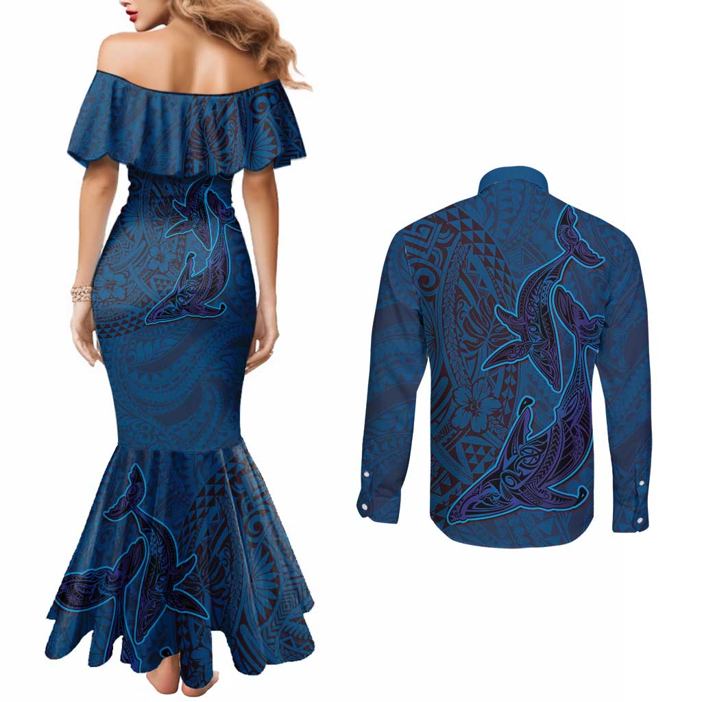 Hawaiian Whales Polynesian Art Motifs Couples Matching Mermaid Dress and Long Sleeve Button Shirt Blue Color - Polynesian Pride