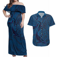 Hawaiian Whales Polynesian Art Motifs Couples Matching Off Shoulder Maxi Dress and Hawaiian Shirt Blue Color - Polynesian Pride