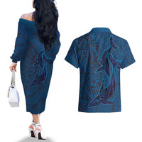Hawaiian Whales Polynesian Art Motifs Couples Matching Off The Shoulder Long Sleeve Dress and Hawaiian Shirt Blue Color LT03 - Polynesian Pride