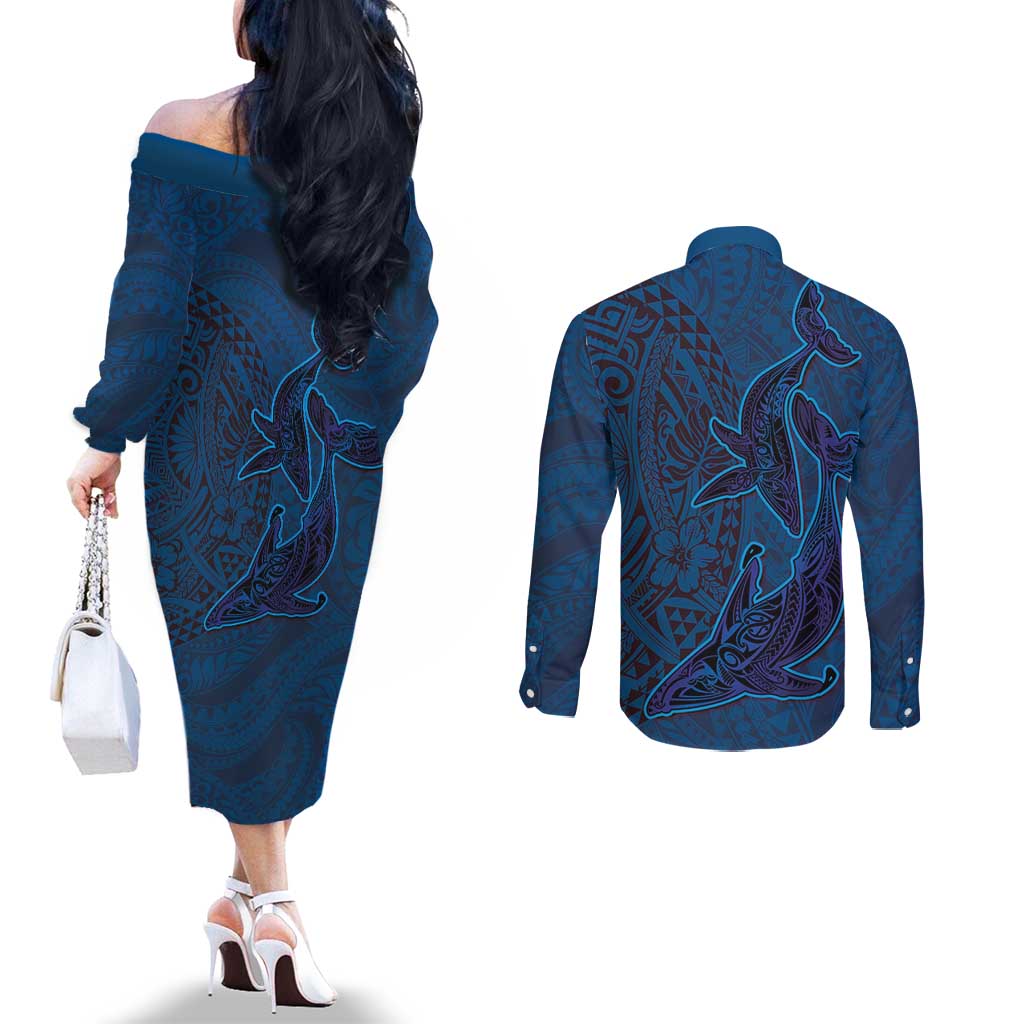Hawaiian Whales Polynesian Art Motifs Couples Matching Off The Shoulder Long Sleeve Dress and Long Sleeve Button Shirt Blue Color LT03 - Polynesian Pride