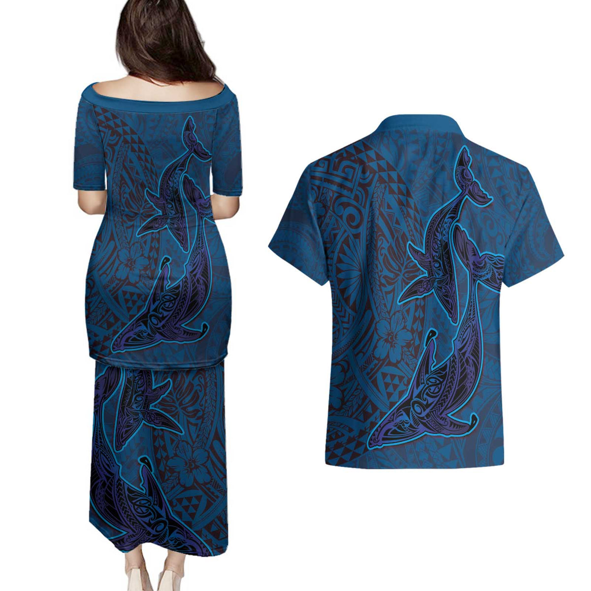 Hawaiian Whales Polynesian Art Motifs Couples Matching Puletasi and Hawaiian Shirt Blue Color - Polynesian Pride