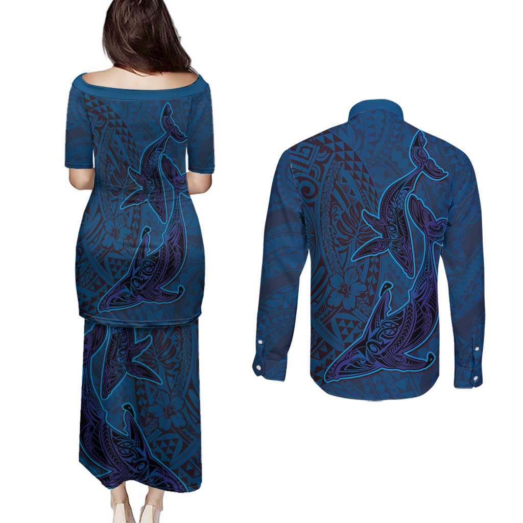 Hawaiian Whales Polynesian Art Motifs Couples Matching Puletasi and Long Sleeve Button Shirt Blue Color - Polynesian Pride