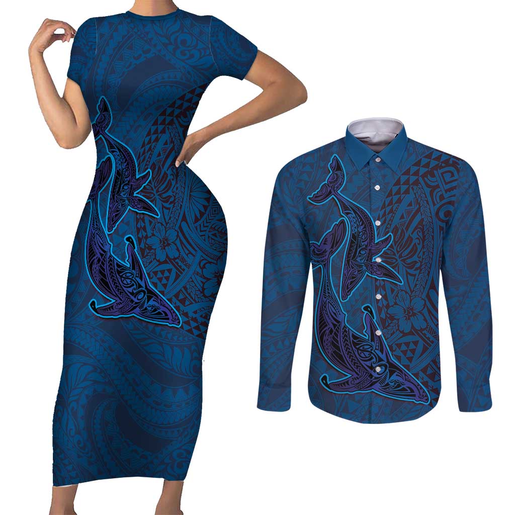 Hawaiian Whales Polynesian Art Motifs Couples Matching Short Sleeve Bodycon Dress and Long Sleeve Button Shirt Blue Color LT03 Blue - Polynesian Pride