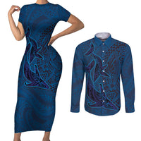 Hawaiian Whales Polynesian Art Motifs Couples Matching Short Sleeve Bodycon Dress and Long Sleeve Button Shirt Blue Color LT03 Blue - Polynesian Pride