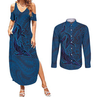 Hawaiian Whales Polynesian Art Motifs Couples Matching Summer Maxi Dress and Long Sleeve Button Shirt Blue Color - Polynesian Pride