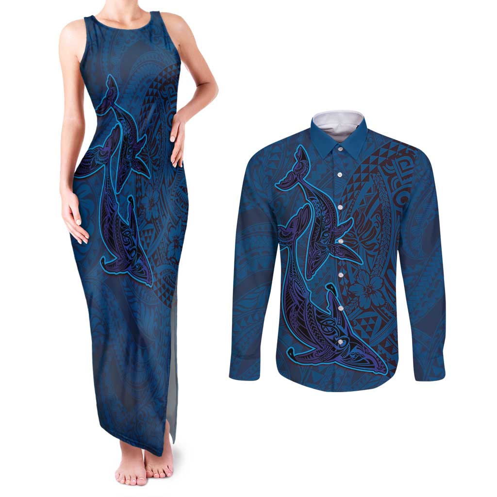 Hawaiian Whales Polynesian Art Motifs Couples Matching Tank Maxi Dress and Long Sleeve Button Shirt Blue Color - Polynesian Pride