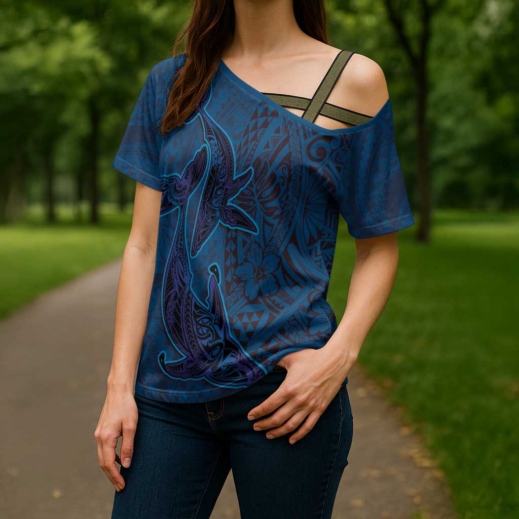 Hawaiian Whales Polynesian Art Motifs Cross Shoulder Shirt Blue Color - Polynesian Pride