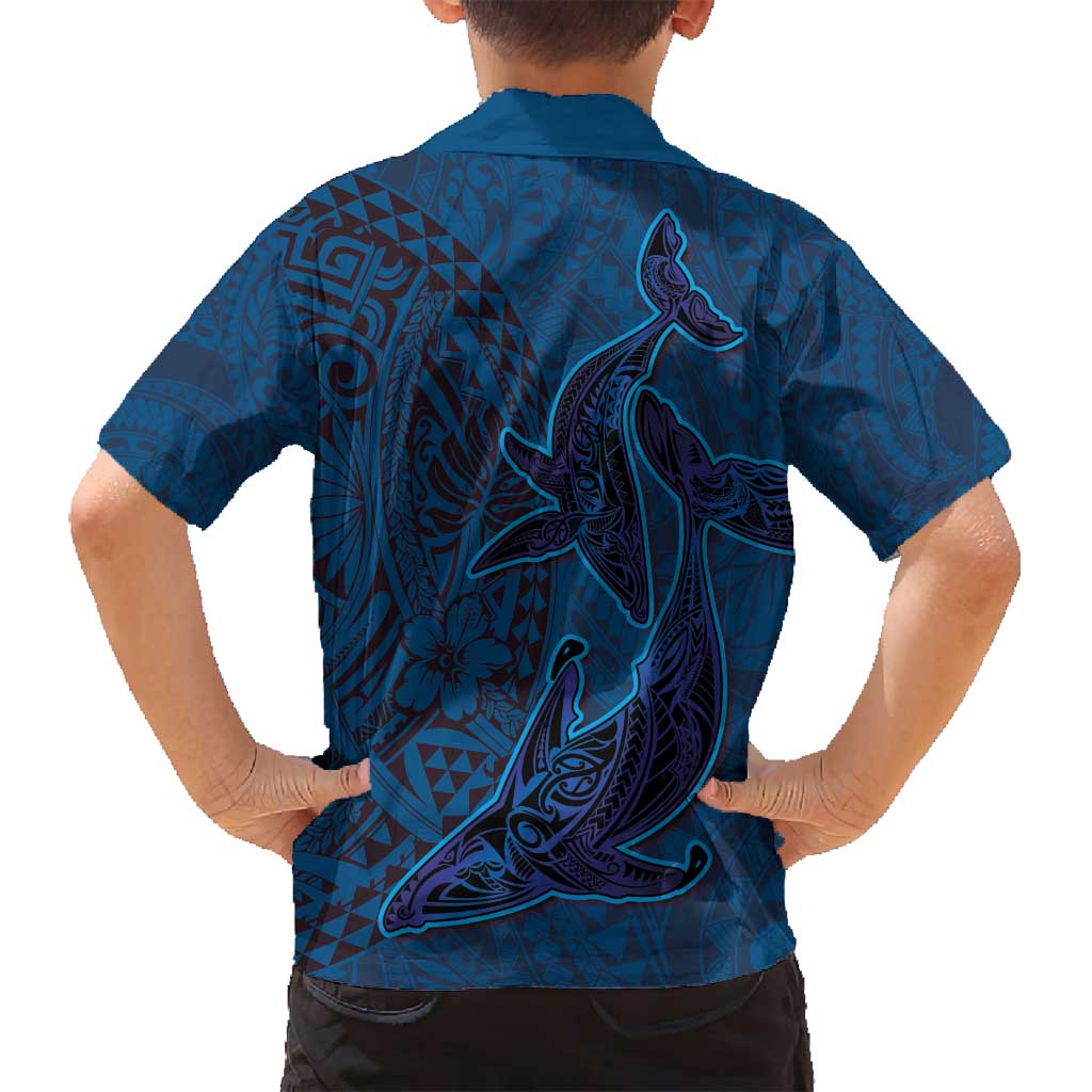 Hawaiian Whales Polynesian Art Motifs Family Matching Long Sleeve Bodycon Dress and Hawaiian Shirt Blue Color LT03 - Polynesian Pride