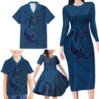 Hawaiian Whales Polynesian Art Motifs Family Matching Long Sleeve Bodycon Dress and Hawaiian Shirt Blue Color LT03 - Polynesian Pride