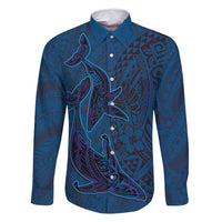 Hawaiian Whales Polynesian Art Motifs Family Matching Long Sleeve Bodycon Dress and Hawaiian Shirt Blue Color LT03 Dad's Shirt - Long Sleeve Blue - Polynesian Pride