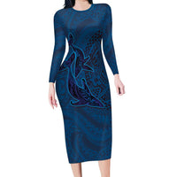 Hawaiian Whales Polynesian Art Motifs Family Matching Long Sleeve Bodycon Dress and Hawaiian Shirt Blue Color LT03 Mom's Dress Blue - Polynesian Pride