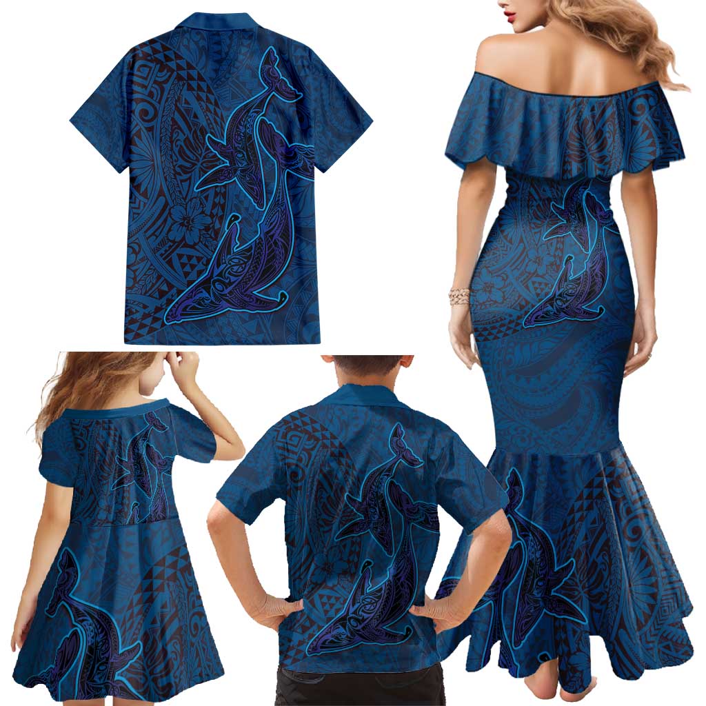 Hawaiian Whales Polynesian Art Motifs Family Matching Mermaid Dress and Hawaiian Shirt Blue Color LT03 - Polynesian Pride