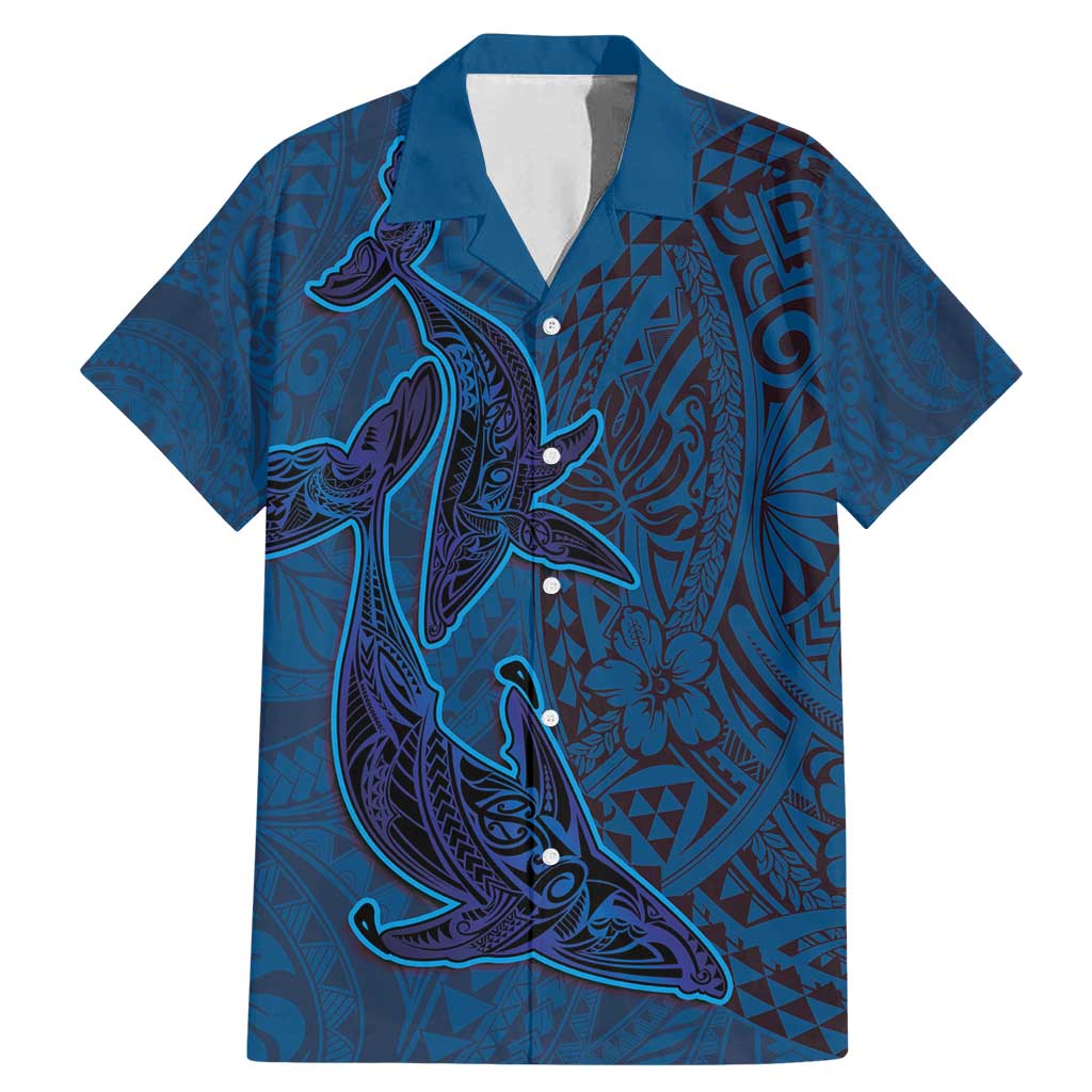 Hawaiian Whales Polynesian Art Motifs Family Matching Mermaid Dress and Hawaiian Shirt Blue Color LT03 Dad's Shirt - Short Sleeve Blue - Polynesian Pride