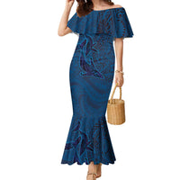 Hawaiian Whales Polynesian Art Motifs Family Matching Mermaid Dress and Hawaiian Shirt Blue Color LT03 Mom's Dress Blue - Polynesian Pride