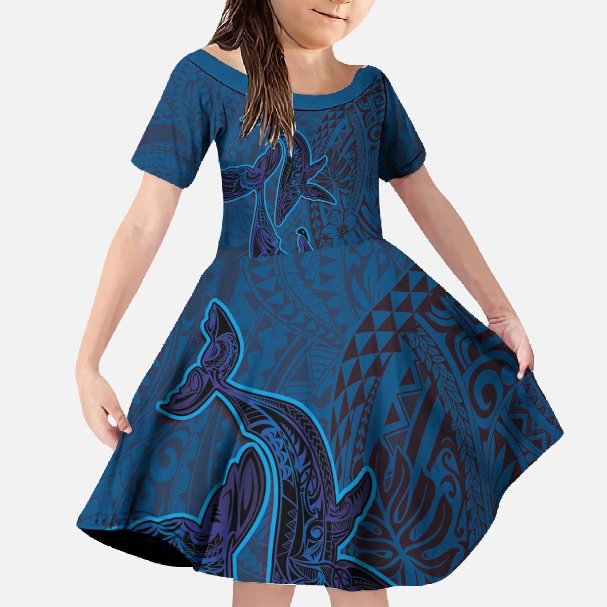 Hawaiian Whales Polynesian Art Motifs Family Matching Off The Shoulder Long Sleeve Dress and Hawaiian Shirt Blue Color LT03 Daughter's Dress Blue - Polynesian Pride