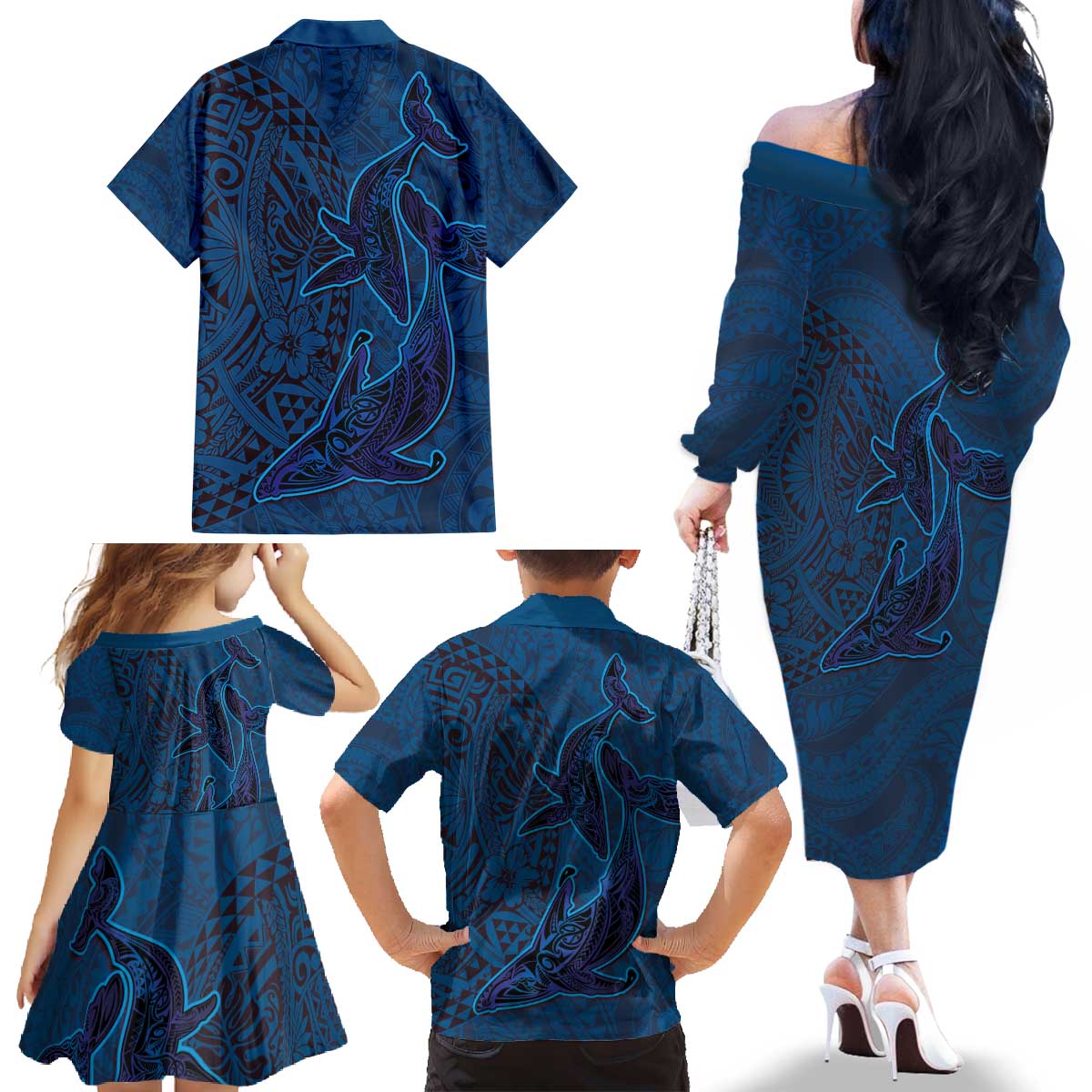 Hawaiian Whales Polynesian Art Motifs Family Matching Off The Shoulder Long Sleeve Dress and Hawaiian Shirt Blue Color LT03 - Polynesian Pride