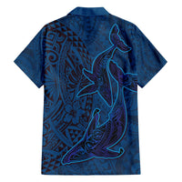 Hawaiian Whales Polynesian Art Motifs Family Matching Off The Shoulder Long Sleeve Dress and Hawaiian Shirt Blue Color LT03 - Polynesian Pride
