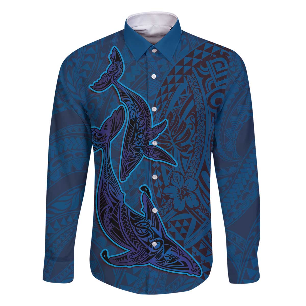 Hawaiian Whales Polynesian Art Motifs Family Matching Off The Shoulder Long Sleeve Dress and Hawaiian Shirt Blue Color LT03 Dad's Shirt - Long Sleeve Blue - Polynesian Pride