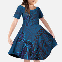 Hawaiian Whales Polynesian Art Motifs Family Matching Off Shoulder Maxi Dress and Hawaiian Shirt Blue Color LT03 Daughter's Dress Blue - Polynesian Pride
