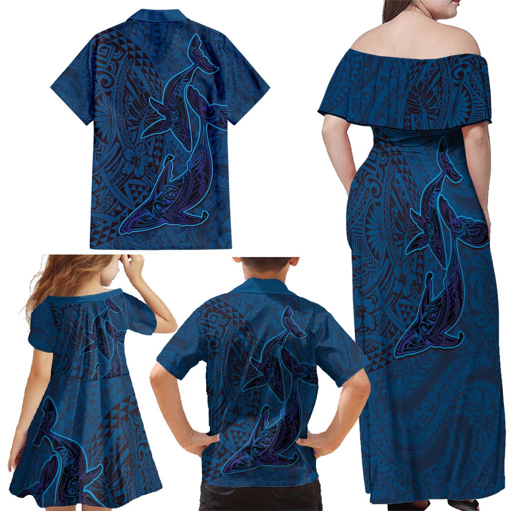 Hawaiian Whales Polynesian Art Motifs Family Matching Off Shoulder Maxi Dress and Hawaiian Shirt Blue Color LT03 - Polynesian Pride