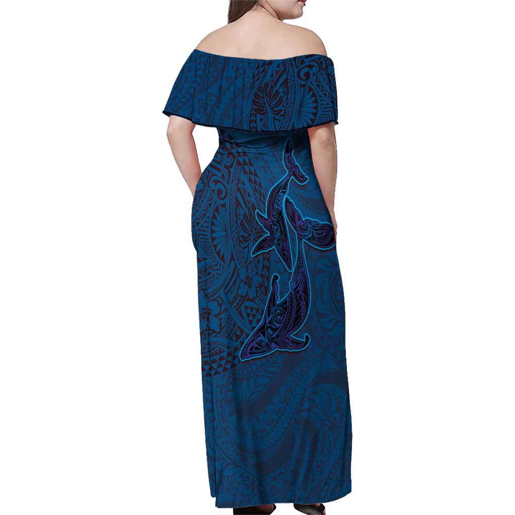 Hawaiian Whales Polynesian Art Motifs Family Matching Off Shoulder Maxi Dress and Hawaiian Shirt Blue Color LT03 - Polynesian Pride