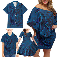 Hawaiian Whales Polynesian Art Motifs Family Matching Off Shoulder Short Dress and Hawaiian Shirt Blue Color LT03 - Polynesian Pride