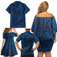 Hawaiian Whales Polynesian Art Motifs Family Matching Off Shoulder Short Dress and Hawaiian Shirt Blue Color LT03 - Polynesian Pride