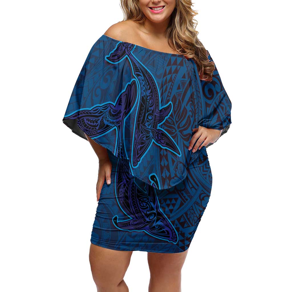 Hawaiian Whales Polynesian Art Motifs Family Matching Off Shoulder Short Dress and Hawaiian Shirt Blue Color LT03 Mom's Dress Blue - Polynesian Pride