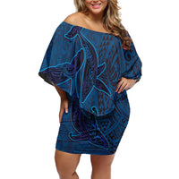 Hawaiian Whales Polynesian Art Motifs Family Matching Off Shoulder Short Dress and Hawaiian Shirt Blue Color LT03 Mom's Dress Blue - Polynesian Pride
