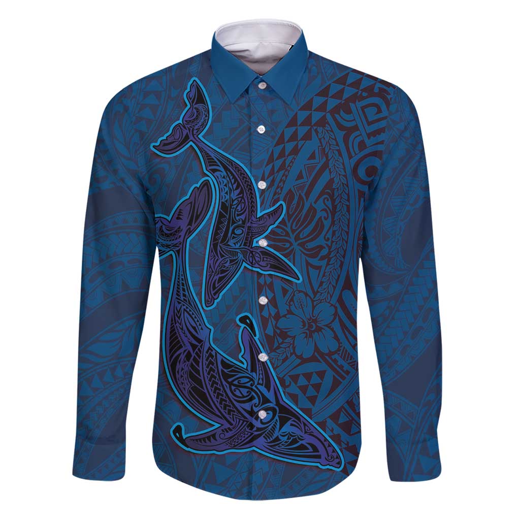 Hawaiian Whales Polynesian Art Motifs Family Matching Puletasi and Hawaiian Shirt Blue Color LT03 Dad's Shirt - Long Sleeve Blue - Polynesian Pride
