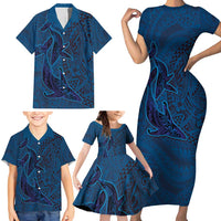 Hawaiian Whales Polynesian Art Motifs Family Matching Short Sleeve Bodycon Dress and Hawaiian Shirt Blue Color LT03 - Polynesian Pride