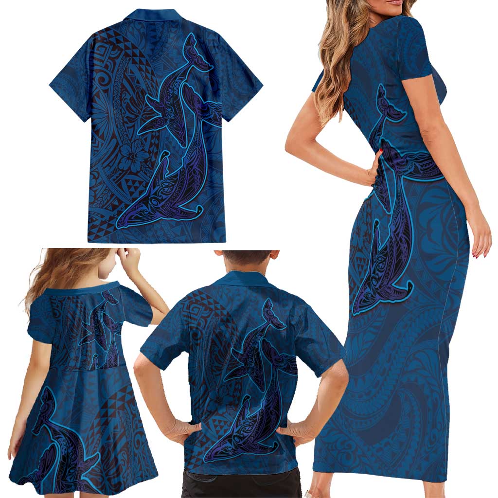 Hawaiian Whales Polynesian Art Motifs Family Matching Short Sleeve Bodycon Dress and Hawaiian Shirt Blue Color LT03 - Polynesian Pride