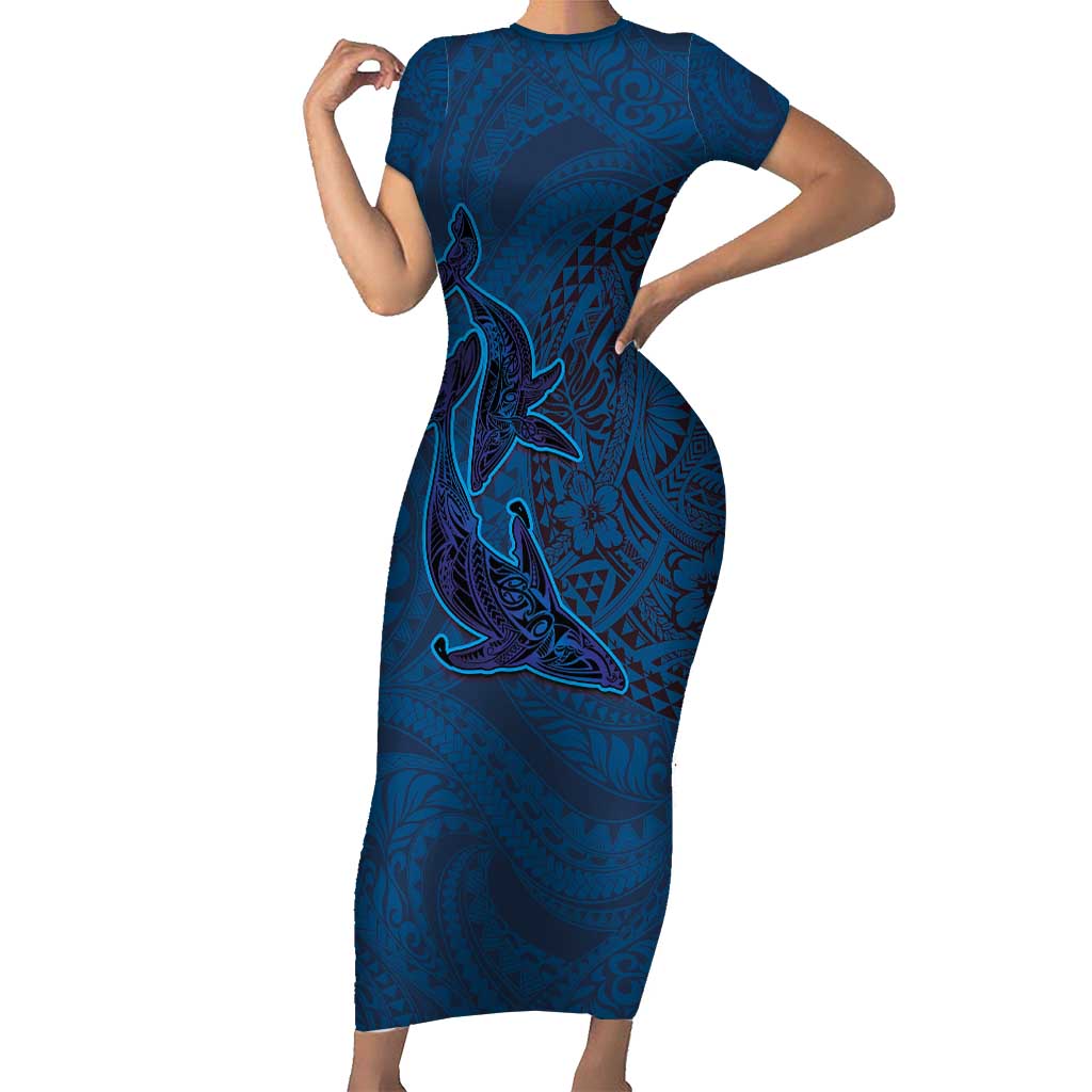 Hawaiian Whales Polynesian Art Motifs Family Matching Short Sleeve Bodycon Dress and Hawaiian Shirt Blue Color LT03 Mom's Dress Blue - Polynesian Pride