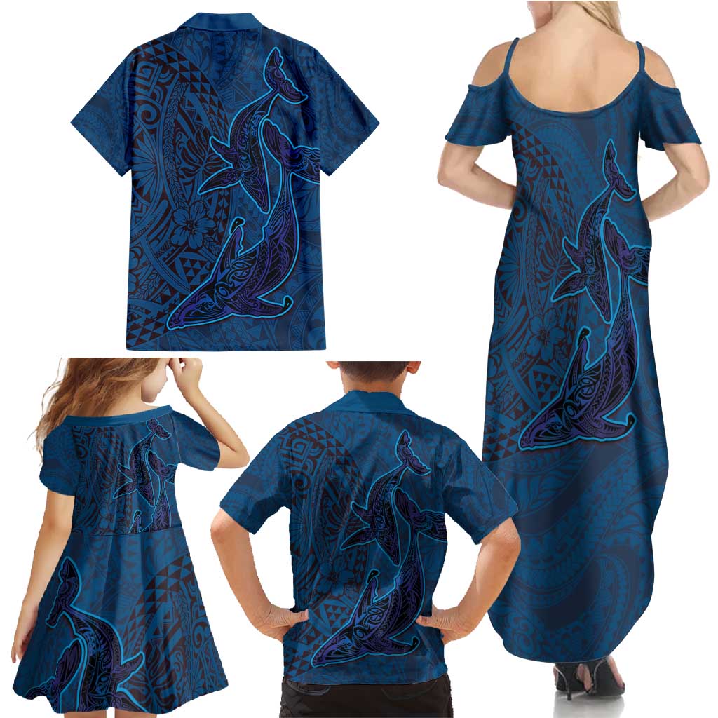 Hawaiian Whales Polynesian Art Motifs Family Matching Summer Maxi Dress and Hawaiian Shirt Blue Color LT03 - Polynesian Pride