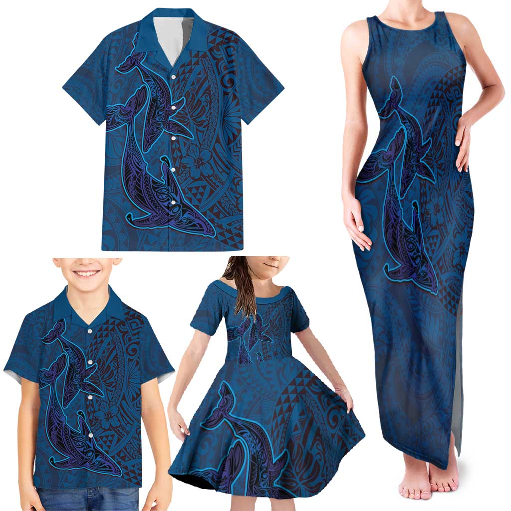 Hawaiian Whales Polynesian Art Motifs Family Matching Tank Maxi Dress and Hawaiian Shirt Blue Color LT03 - Polynesian Pride