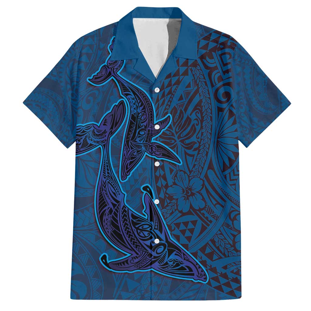 Hawaiian Whales Polynesian Art Motifs Family Matching Tank Maxi Dress and Hawaiian Shirt Blue Color LT03 Dad's Shirt - Short Sleeve Blue - Polynesian Pride