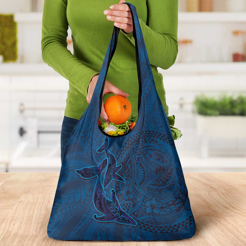 Hawaiian Whales Polynesian Art Motifs Grocery Bag Blue Color - Polynesian Pride