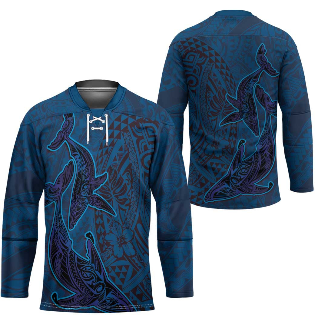 Hawaiian Whales Polynesian Art Motifs Hockey Jersey Blue Color - Polynesian Pride