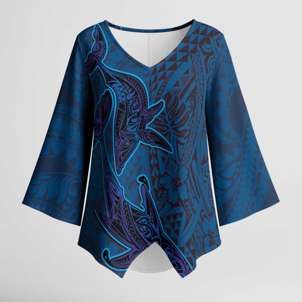 Hawaiian Whales Polynesian Art Motifs Kimono Sleeve Blouse Blue Color LT03 Female Blue - Polynesian Pride