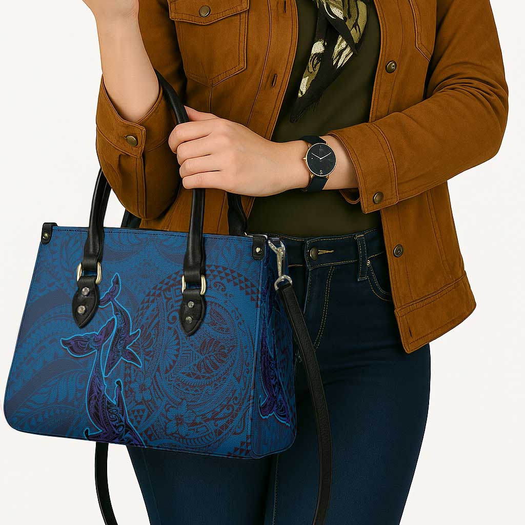 Hawaiian Whales Polynesian Art Motifs Leather Bag Blue Color - Polynesian Pride