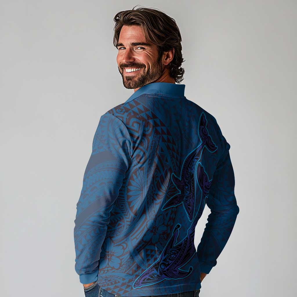 Hawaiian Whales Polynesian Art Motifs Long Sleeve Polo Shirt Blue Color - Polynesian Pride
