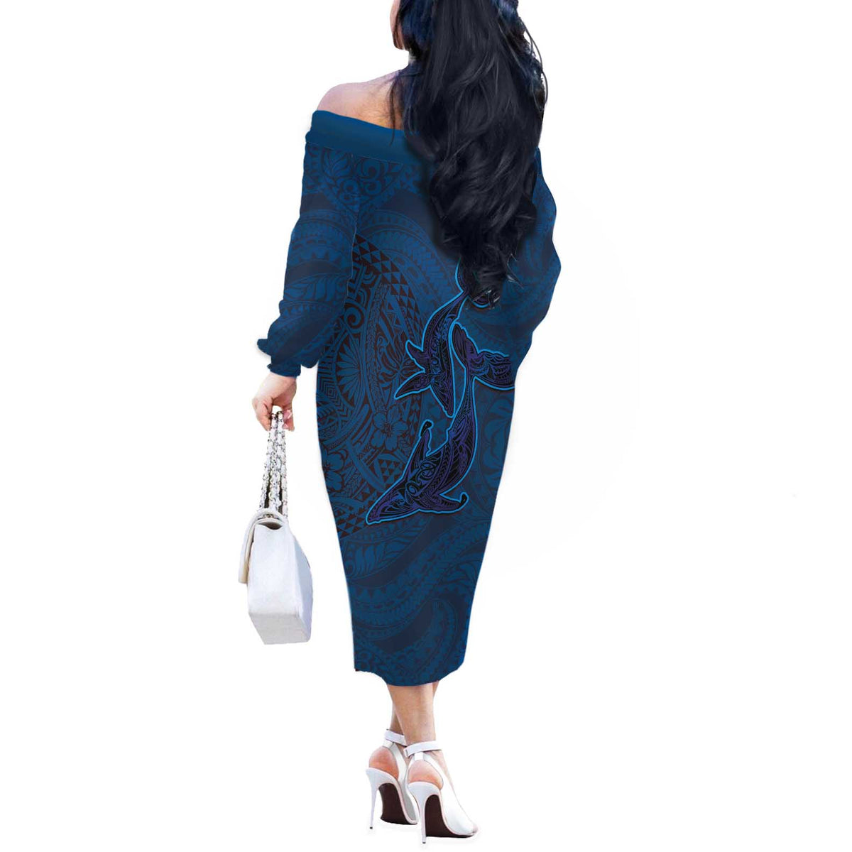 Hawaiian Whales Polynesian Art Motifs Off The Shoulder Long Sleeve Dress Blue Color - Polynesian Pride