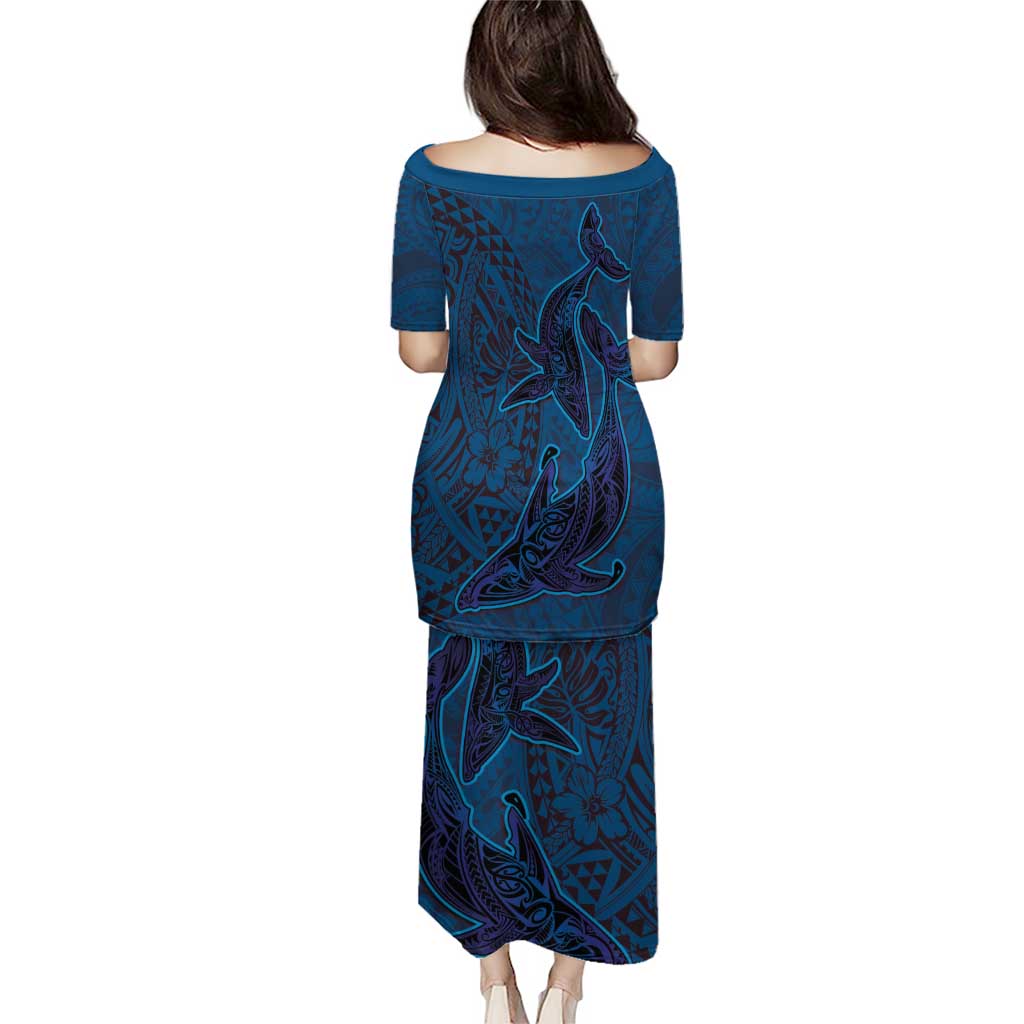 Hawaiian Whales Polynesian Art Motifs Puletasi Blue Color - Polynesian Pride