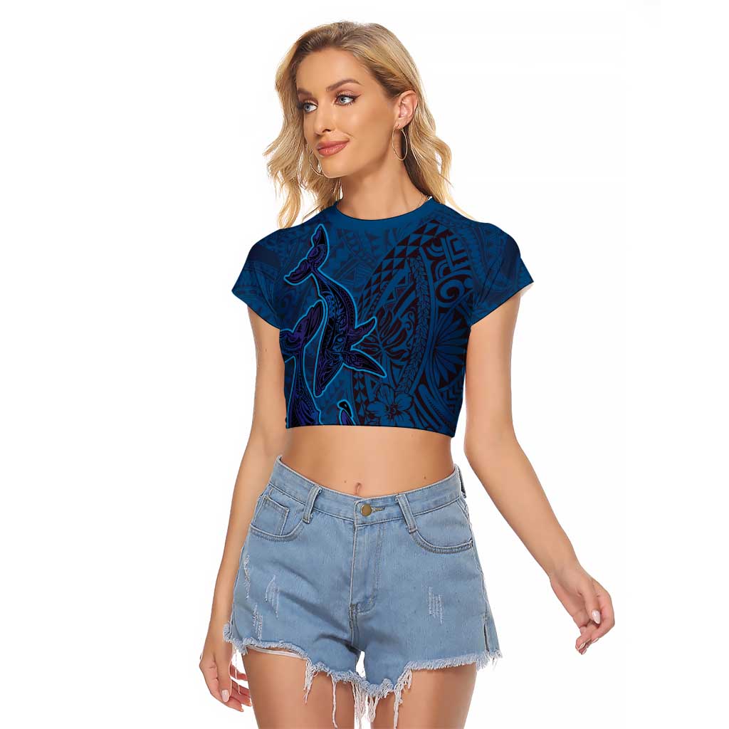 Hawaiian Whales Polynesian Art Motifs Raglan Cropped T Shirt Blue Color - Polynesian Pride