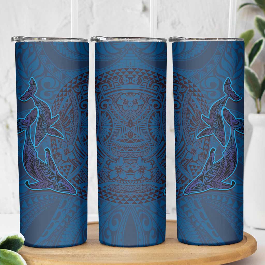 Hawaiian Whales Polynesian Art Motifs Skinny Tumbler Blue Color - Polynesian Pride