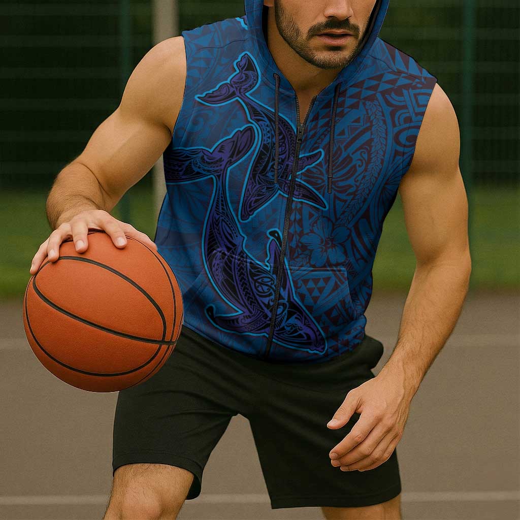 Hawaiian Whales Polynesian Art Motifs Sleeveless Zip Hoodie Blue Color - Polynesian Pride