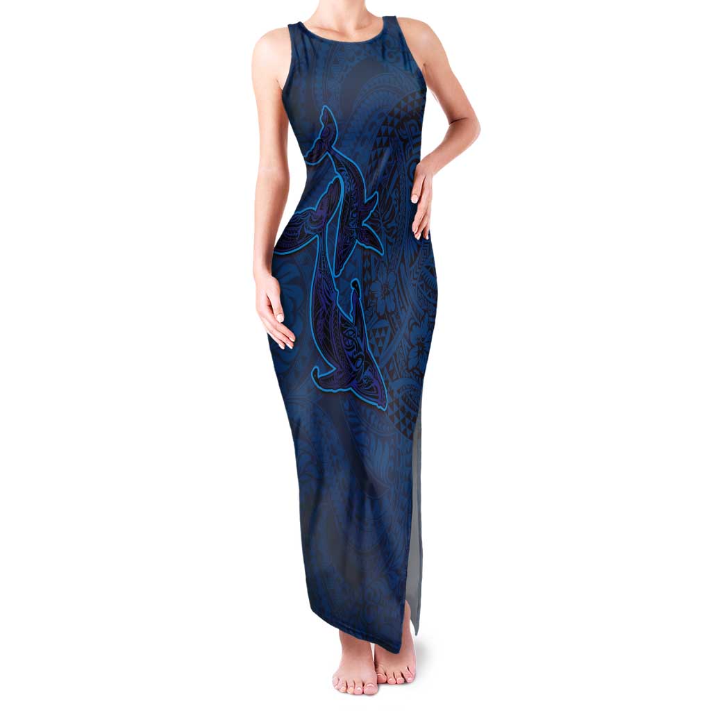Hawaiian Whales Polynesian Art Motifs Tank Maxi Dress Blue Color - Polynesian Pride